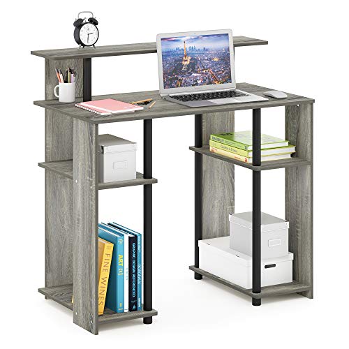 Furinno JAYA Simple Design Computer Writing Desk, French Oak Grey/Black | Raised Hutch, Simple Design Computer Writing Desk, Office Desk for Home Office, Bedroom - color: French Oak/Black