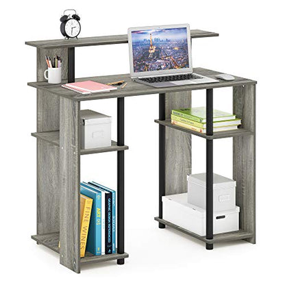 Furinno JAYA Simple Design Computer Writing Desk, French Oak Grey/Black | Raised Hutch, Simple Design Computer Writing Desk, Office Desk for Home Office, Bedroom - color: French Oak/Black