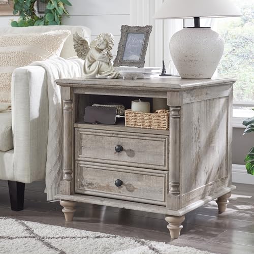 T4TREAM 24" Farmhouse Nightstands with 2 Drawers, Light Rustic Oak | 4 Solid Wood Feet, Charging Station, Tall Rustic Wood Square, Sofa Side Table, Living Room, Bedroom - color: Light Rustic Oak