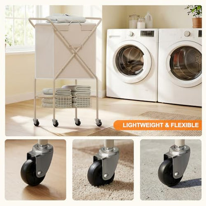 Laundry Basket with Wheels:88L Rolling Laundry Cart Foldable Metal Frame Dirty Clothes Laundry Hamper 36"H 4 Caster 2 Brake Waterproof Removable Liner Carry Handle for Dorm Laundry Room,Cream - color: Cream