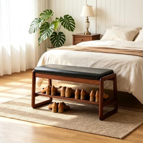 SOBIBO Solid Wood Shoe Bench, 2-Tier Wooden Entryway Bench, Modern Shoe Rack with Cushion for Hallway, Living Room (Black, 31.5'') - color: Black, size: 31.5 inches