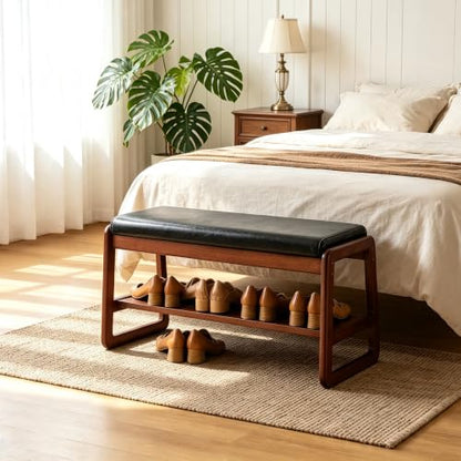 SOBIBO Solid Wood Shoe Bench, 2-Tier Wooden Entryway Bench, Modern Shoe Rack with Cushion for Hallway, Living Room (Black, 31.5'') - color: Black, size: 31.5 inches