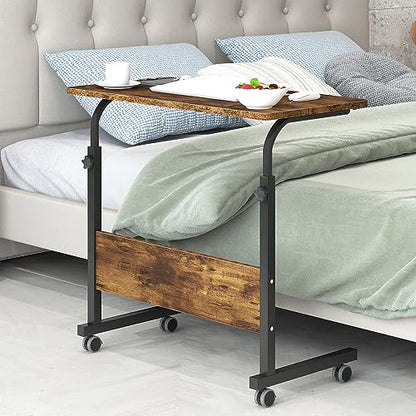 Side Table, 31.5in Adjustable Laptop Stand Portable Cart Tray Bedside Computer Table, Sofa Side Bed Table with Wheels, Rustic Brown - color: Rustic Brown, size: 31.5 inches