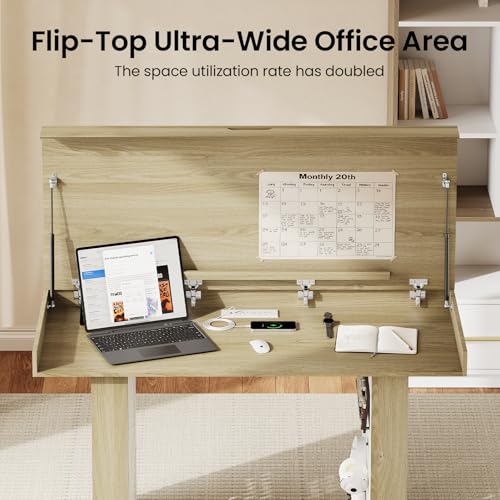 55" Convertible Computer Desk, 2-in-1 Flip-Top Desk & Dining Table with Hidden Storage, Built-in Power Strip, Pegboard, Soft-Close Gas Spring, Space-Saving for Small Apartment, Light Walnut - color: Ligjht Walnut