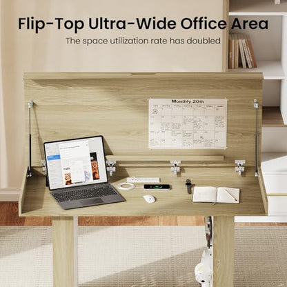 55" Convertible Computer Desk, 2-in-1 Flip-Top Desk & Dining Table with Hidden Storage, Built-in Power Strip, Pegboard, Soft-Close Gas Spring, Space-Saving for Small Apartment, Light Walnut - color: Ligjht Walnut