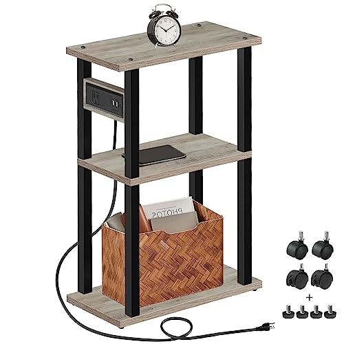 TUTOTAK Small Narrow Side Table with Charging Station, Skinny End Table for Small Spaces, Slim Nightstand with USB Ports and Outlet, Sofa Beside Table with Wheels, Greige TB01BG046 - color: Greige, size: 1 PC, style: With Plug