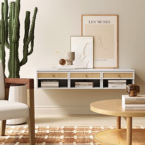 Nathan James Jackson Wall Mounted Rattan Floating Bedroom Nightstand with Storage Drawer and Modern Open Shelf Cubby, White/Rattan - color: White/Rattan, size: 1