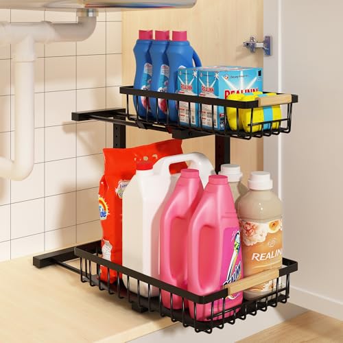 REALINN Under Sink Organizer, Height Adjustable 2 Tier Pull Out Cabinet Storage, L-Shaped Drawer Organizer for Kitchen Sink Organizer, Bathroom Organizers and Storage, Smooth Sliding Rails, Black - color: Black, size: 1 Pack