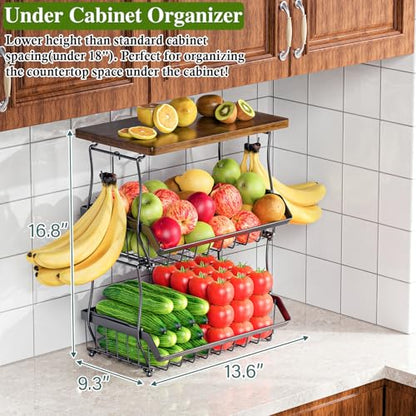 OKZEST 3-Tier Fruit Basket Fits Between Countertop & Upper Cabinet, 16.8" H | Includes wood top & banana hangers, Stackable kitchen countertop organizer, Holds potato, onion, bread, snack, fruit, veggie - size: 3-Tier (With wood top)