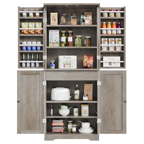 Vongrasig Kitchen Pantry Storage Cabinet with Barn Doors, Drawer and Adjustable Shelves, 6-Tier Tall Rustic Wood Cupboard Locker for Kitchen, Dining Room, Living Room, Bathroom, Rustic Grey - color: Rustic Grey