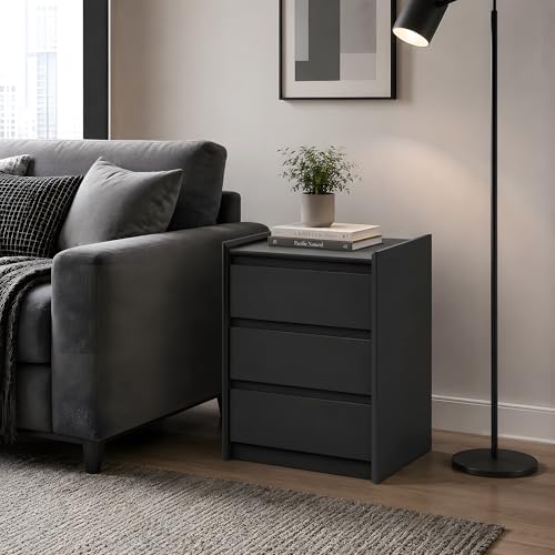 Black Nightstand with Charging Station, 24" H, 3-Drawer Storage | USB-C, USB-A and 2 AC outlets power daily devices; raised-edge top helps create a cleaner modern bedside setup at night. - color: Black, size: 1-Pack, style: 3 Drawers