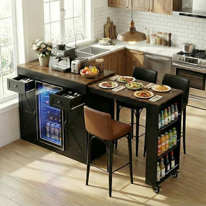 ARTETHYS 48’’- 80’’ Extendable Kitchen Island with Fridge Storage, White | Expanded Kitchen Counter with Compartment & Drawers, Sideboard Buffet Table with Cabinet and Side Rack for Kitchen - color: Black