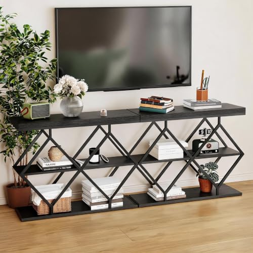 Garvee 3 Tier Console Table,39" Industrial Entryway Table,Open Wood Shelves | Sofa Table,Narrow Wood Accent Tables with Metal Frame for Hallway,Living Room,Behind Couch,Foyer,Entrance,Black - color: Black + Diamond-shaped