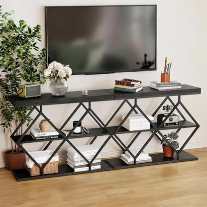 Garvee 3 Tier Console Table,39" Industrial Entryway Table,Open Wood Shelves | Sofa Table,Narrow Wood Accent Tables with Metal Frame for Hallway,Living Room,Behind Couch,Foyer,Entrance,Black - color: Black + Diamond-shaped
