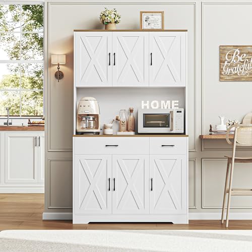HOSTACK 71" Pantry Cabinet with Charging Station, Tall Kitchen Pantry Storage Cabinet with Microwave Stand, Farmhouse Kitchen Hutch with Storage Drawers for Living Room, Dining Room, White - color: White/Rustic Brown