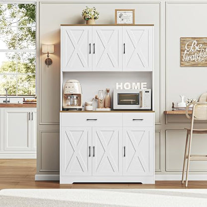 HOSTACK 71" Pantry Cabinet with Charging Station, Tall Kitchen Pantry Storage Cabinet with Microwave Stand, Farmhouse Kitchen Hutch with Storage Drawers for Living Room, Dining Room, White - color: White/Rustic Brown
