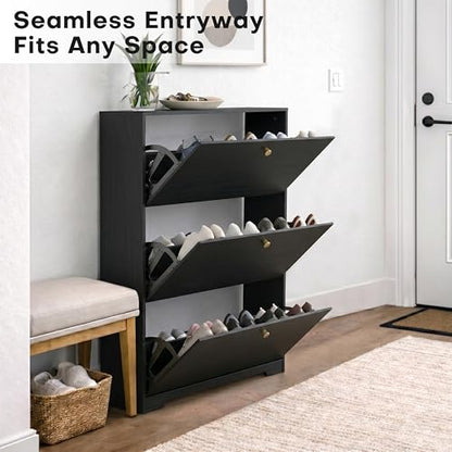 Nicetree Shoe Cabinet with 3 Flip Drawers, Narrow Shoe Organizer Cabinet, Freestanding Shoe Rack Cabinet, Modern Shoe Storage Cabinet for Entryway, Hallway, Foyer, Black with Hook - color: Black, style: 3-Drawers with Hook