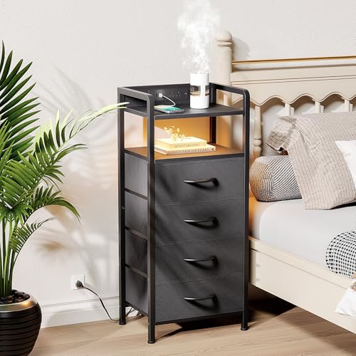 Lazzanto Night Stand Bedside Table Bedroom - Tall Nightstand with Charging Station & LED Light Strip, Bed Side Table with Shelf & Drawers, 2 U-S-B Ports & 2 AC Outlets, Black - color: Black, size: 4 Drawers