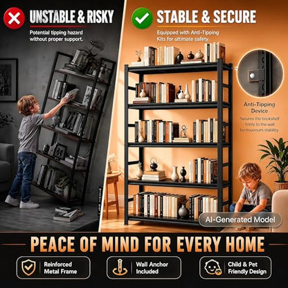 Bolt-Free Metal Bookshelf, Adjustable Tall Bookcase with Anti-Drop Fence, Heavy Duty Deep Book Shelf, Large Office Bookshelf, Modern Storage Shelves for Bedroom, LivingRoom, Garage - size: 5-Tier 36"W x16"D x71"H