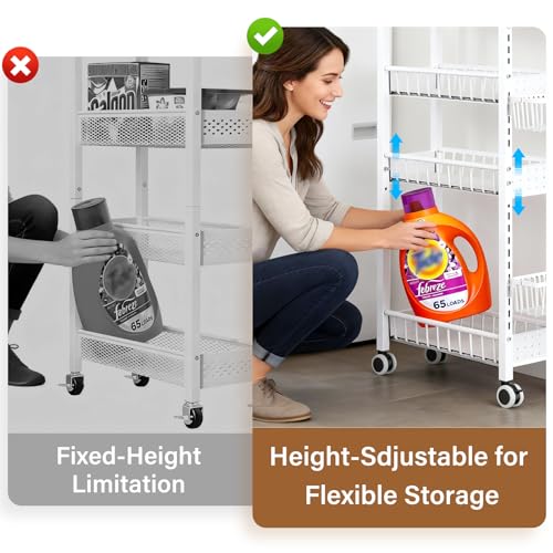 7.8 Inch Ultra-Slim 4-Tier Rolling Storage Cart with Adjustable Shelves - Lockable Wheels & Wooden Top for Narrow Spaces Between Washer/Dryer, Bathroom, Kitchen Organization (White) - color: White