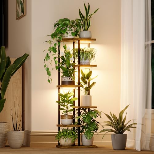 Bamworld Plant Shelf with Grow Light for Indoor Plants Corner 6 Tier Metal Plant Stand Wood Flower Stand for Home Living Room Decor Patio Decor - style: 6 Tier,Square