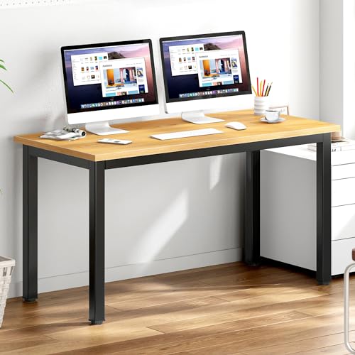 DlandHome 54.3 inch Large Computer Desk for Bedroom, Teak and Black | Decent Steady Home Office Desk, Writing Study Craft Work Table, Sturdy Metal Frame, Adjustable Feet, Modern Simple Design - color: Teak + Black, size: 54.3 inch