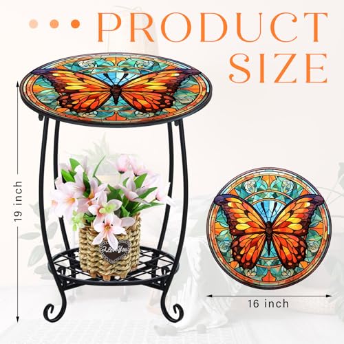 Cinnvoice Outdoor Side Table Round Small Mosaic Patio Accent Indoor End Plant Coffee Tea Table for Yard Patio Porch Garden Living Room, Bedroom(Butterfly B Style,16 Inch) - size: 16 Inch, style: Butterfly B Style