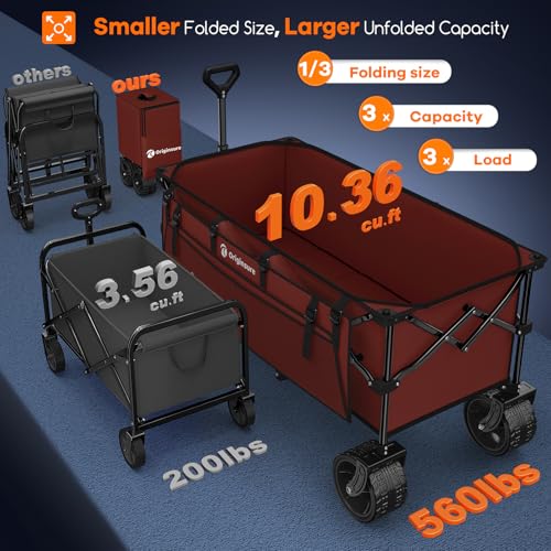 Originsure 300L Collapsible Beach Wagon Cart with Big Wheels, 560lbs, Red | 48" Foldable Utility Wagon,7" All-Terrain Wheels,Heavy Duty Frame,Compact&Space-Saving,for Camping,Sports,Grocery,Garden - color: Red