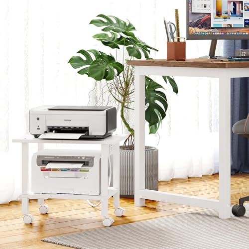 TUTOTAK Printer Stand, 2 Tier Rolling Printer Cart with Charging Station | Small Under Desk Printer Table with Wheels for Small Space, Office, Home, White PS01BW001P - color: White, size: 2 tier(18.9 x 11.8 x 15.4inchs)