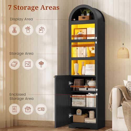 72" Tall Arched Narrow Bathroom Storage Cabinet with Lights, Slim Storage Cabinet with Adjustable Shelves for Small Spaces, Farmhouse Style (Black) - color: Black