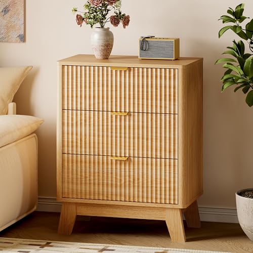 BORNOON Fluted Night Stand, 3 Drawer Bedside Table Dresser with Metal Handles, End Side Table Storage Cabinet for Bedroom - color: Oak, size: Rounded Edge