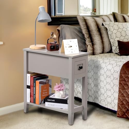 Grey Chairside Narrow End Table, Solid Recliner Side Table with Drawer, Slim Nightstand Bedside Table for Living Room Bedroom - size: 1 set grey