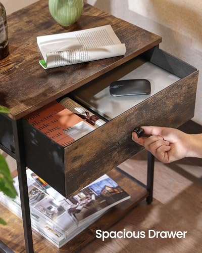 SONGMICS BELLAH Collection - Nightstand, Side Table, End Table, Bedroom, Living Room, Steel, 1 Drawer, Shelf, Industrial, Rustic Brown and Ink Black ULGS20H - color: Rustic Brown + Ink Black, size: 1 Drawer