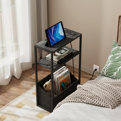 TUTOTAK Keep Phones Charged & Books Organized with Slim 3-Tier Side Table with Charging Station for Living Room Bedroom Charcoal Grey TB01BY095 - color: Charcoal Grey