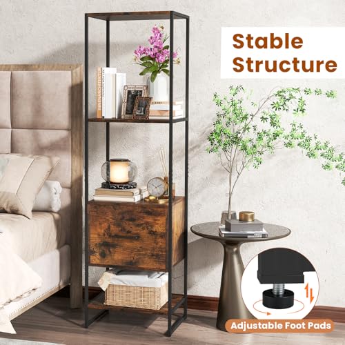 Giantex 5-Tier Bookshelf with Drawer Set of 2, Narrow Bookcase w/Open Shelves & Metal Frame, Modern Storage Organizer Shelving Unit, Freestanding Display Rack for Bedroom Living Room - color: Rustic Brown+black