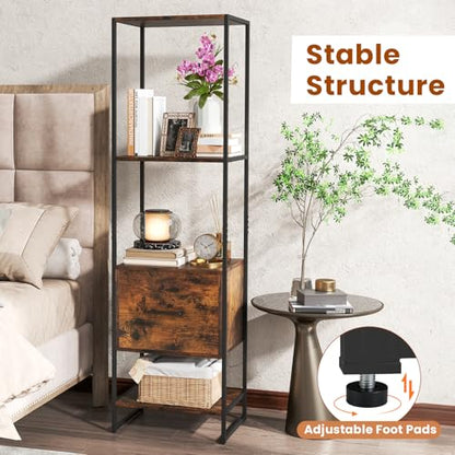 Giantex 5-Tier Bookshelf with Drawer Set of 2, Narrow Bookcase w/Open Shelves & Metal Frame, Modern Storage Organizer Shelving Unit, Freestanding Display Rack for Bedroom Living Room - color: Rustic Brown+black