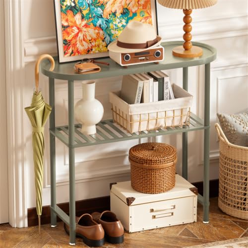 Small Console Table Bamboo 30.7", Modern Entryway Table Green 2-Tier, Narrow Console Table with Anti-Fall Edge, Small TV Stand for Bedroom, Indoor Plant Stand, Sofa Side Table 5min Easy Assembly - color: Modern Green, size: 30.7"L x 11.8"W x 29.7"H