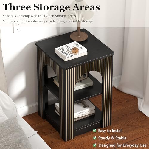 weselon End Table Set of 2, Mid-Century Modern Side Table with 3-Tier Storage Shelves and Arched Carving Lines, Square Fluted Nightstand for Living Room, Bedroom, or Office (2, Black) - color: Black