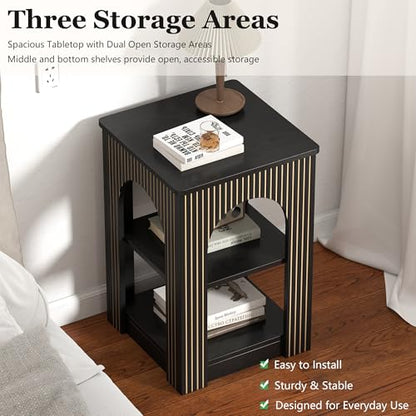 weselon End Table Set of 2, Mid-Century Modern Side Table with 3-Tier Storage Shelves and Arched Carving Lines, Square Fluted Nightstand for Living Room, Bedroom, or Office (2, Black) - color: Black