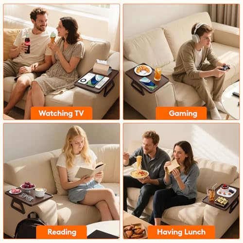 Lifewit Plastic Rotating Couch Armrest Table, Adjustable Sofa Arm Clip Holder Tray for Snack/Fast Food/Fruit/Drink, Large Foldable Stable Sofa Table with Reinforced Clamp, Brown - color: Brown