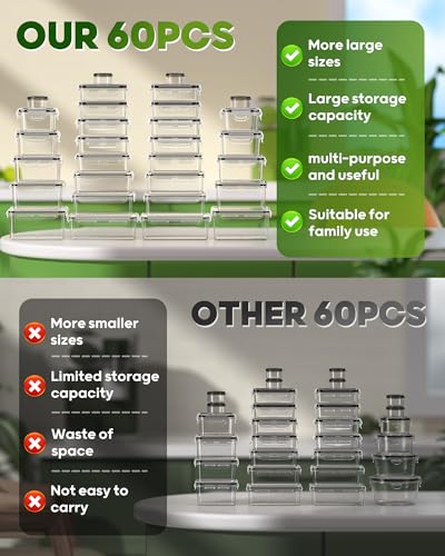 KEMETHY 60 PCS Food Storage Containers with Lids, Plastic Food Containers | BPA-Free, Leak Proof, Reusable, Microwave/Dishwasher Safe Meal Prep Containers with Labels & Pen, 30 Containers & 30 Lids - color: 60 PCS