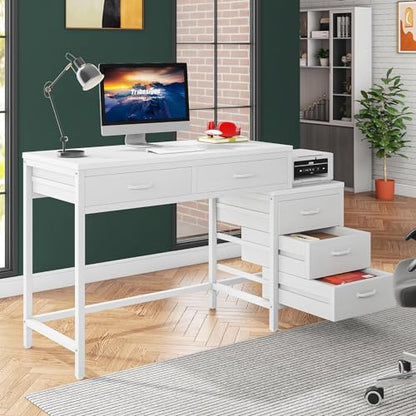 Tribesigns Computer Desk with 5 Drawers, Home Office Desks with Reversible Drawer Cabinet Printer Stand, Industrial PC Desk with Storage, White Study Writing Table Workstation for Small Spaces - color: White
