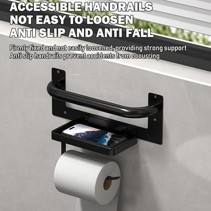 Black Toilet Paper Holder with Assist Bar Toilet Grab Bar Stainless Steel - Assistance Handle with Toilet Roll Holder and Shelf Wall Mounted Grab Bars with Toilet Paper Holder for Elderly Seniors