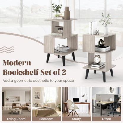 GOFLAME 3-Tier End Table Set of 2, Wood Sofa Side Table with Open Storage Shelves, Plastic Legs, Geometric Bedside Table, Modern Nightstand for Living Room, Bedroom, Small Spaces, Gray