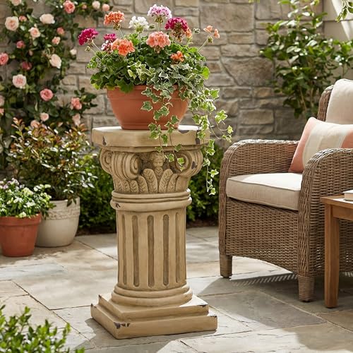 Merax 18.50" H Ionic Pedestal Plant Stand, MGO Decorative Pedestal Side Table for Indoor Outdoor Entryway Garden Home, Antique Yellow, No Assembly Needed - color: Antique Yellow, size: 18.5''