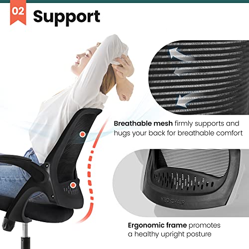 NEO CHAIR Office Desk Gaming Ergonomic Computer Chair with Lumbar Back Support Adjustable Height Swivel Rolling Wheels Flip-up Arms Mesh Chair for Home Vanity (Black) - color: Black
