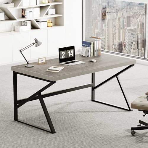 HSH Gray Computer Desk, Industrial Wood and Metal Home Office Desk, Farmhouse Rustic PC Laptop Desk for Executive Work Writing Study Gaming, Modern Simple Bedroom Computer Table, Light Grey Oak, 55 In - color: Light Grey Oak, size: 55 Inch
