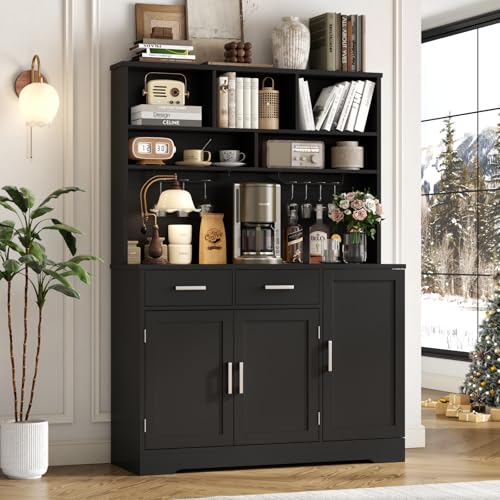 Tall Pantry Cabinet, Modern Kitchen Hutch with Microwave Stand, Kitchen Pantry Storage Cabinet with 2 Darwers & Door Shelf, Food Pantry with Goblet Holders & Adjustable Shelves for Dining Room, Black - color: Black-goblet Holders