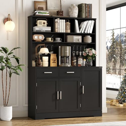 Tall Pantry Cabinet, Modern Kitchen Hutch with Microwave Stand, Kitchen Pantry Storage Cabinet with 2 Darwers & Door Shelf, Food Pantry with Goblet Holders & Adjustable Shelves for Dining Room, Black - color: Black-goblet Holders