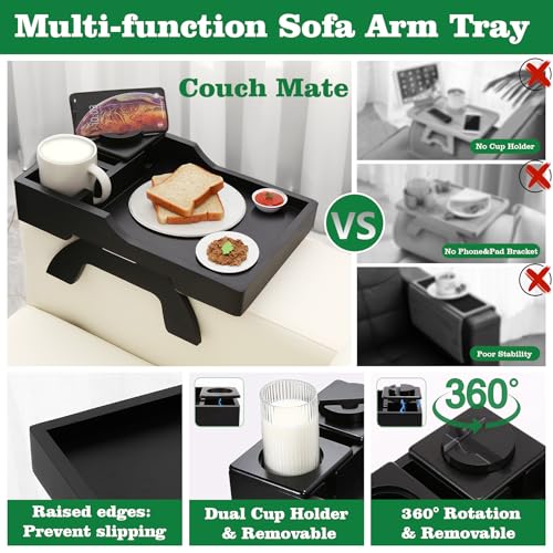 GHKINMAL Couch Cup Holder Tray, 15.4"x9.9" Large 4 in 1 Couch Arm Tray with 360°Rotated Phone Holder, Non-Slip Clip on Side Table for Drinks/Remote/Snacks, Ideal Gift for Husband, Wife, Parents - color: Black
